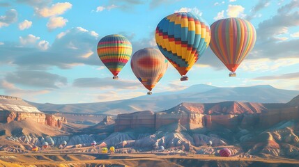 Colorful hot air balloons flying over mountain 