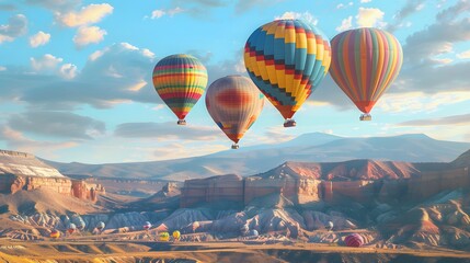 Obraz premium Colorful hot air balloons flying over mountain 