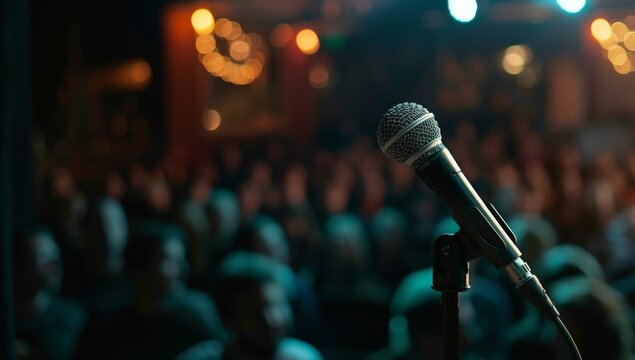 Photo of a microphone on stage with an audience in the background, capturing comedy club photography. Web banner with empty space on the right.