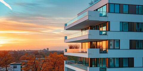 A sleek modern apartment building with expansive glass balconies overlooking a vibrant autumn landscape. The combination of warm colors and modern design elements creates a serene living space.