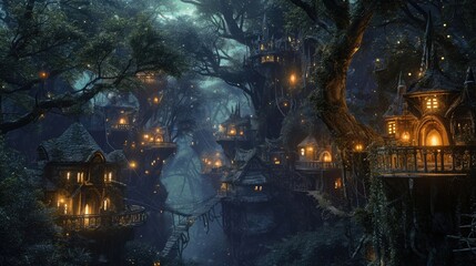 A fantasy scene of a hidden elven city in an ancient forest, with magical treehouses and glowing lights. Resplendent.
