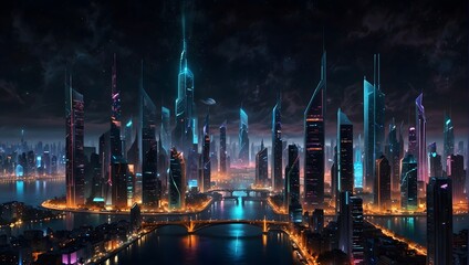 Fototapeta premium A futuristic city illuminated by bioluminescent colors ai_generated