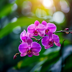 beautiful purple orchids, green leaf in the background