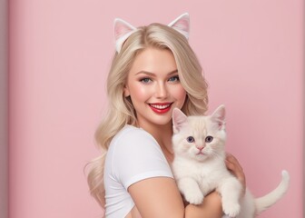 Blonde woman smiling joyful hug cute kitten on pink background