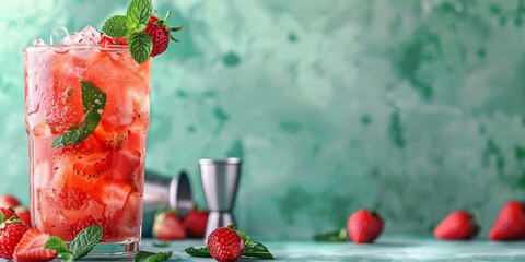 A glass filled with fresh strawberry mojito with shaker on a plain green backdrop with a big space for text or product advertisement, Generative AI.