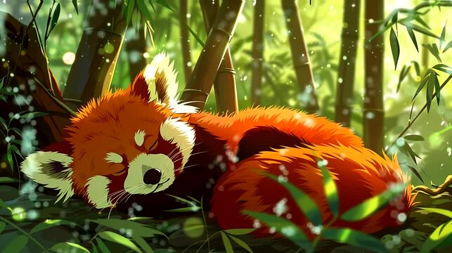 Red panda naps in peaceful bamboo forest. Anime or digital painting style, looping 4k video animation background