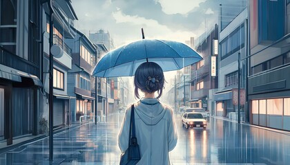 傘、雨の町、歩く女性、背面図、イラスト｜Umbrella, rainy town, walking woman, back view, illustration.
