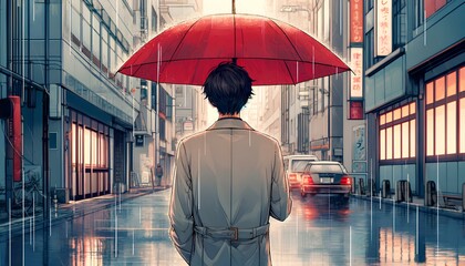 傘、雨の町、歩く男性、背面図、イラスト｜Umbrella, rainy town, walking man, back view, illustration.