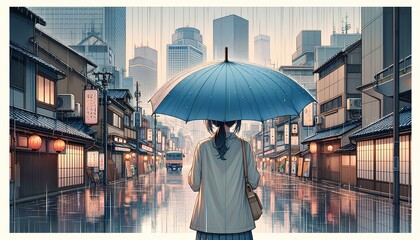 傘、雨の町、歩く女性、背面図、イラスト｜Umbrella, rainy town, walking woman, back view, illustration.