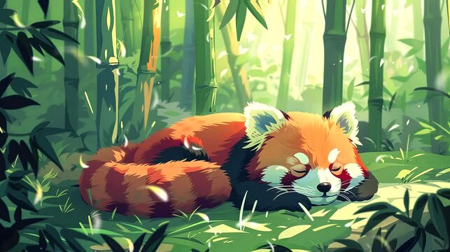 Red panda naps in peaceful bamboo forest. Anime or digital painting style, looping 4k video animation background