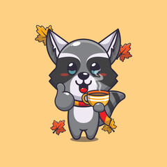 Cute raccoon with coffee in autumn season