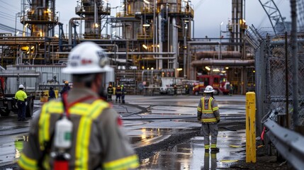 Naklejka premium Safety is a top priority at the refinery with workers donning hard hats gloves and protective suits.