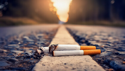Tobacco, road, throw away, social problem, harmful, fire, ash, trash, close up - Powered by Adobe