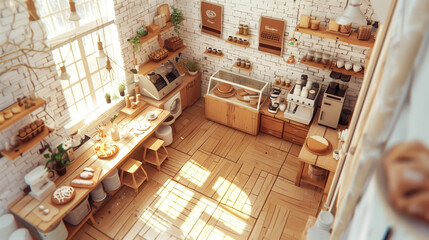 Cozy 3D Isometric Coffeehouse Interior: Rustic Wood Floors, White Brick Walls, Bakery Display, Fresh Pastries, Coffee Bean Art