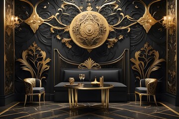 Royal luxury living room interior design, modern black and golden interior design, luxurious living room design of a king palace, photo realistic background