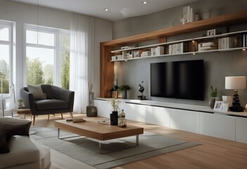 3d living room wooden stucco wall angled tv book basement rendering interior shelves design flooring view Modern plaster close