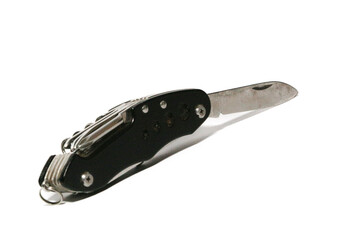 Pocket knife. Steel arm. Multi tool kit. A small folding knife was tied. Multi tool for climbing. White background pocket folding knife