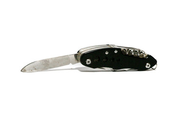 Pocket knife. Steel arm. Multi tool kit. A small folding knife was tied. Multi tool for climbing. White background pocket folding knife