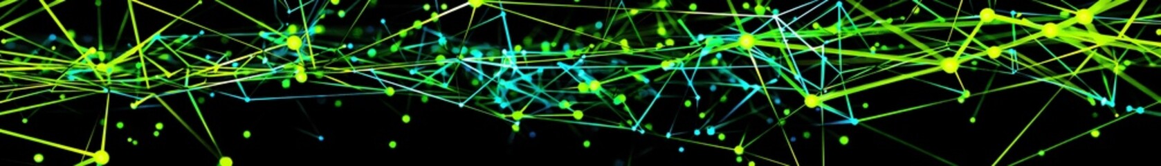 An intricate display of interconnected fluorescent dots in lime green and electric blue