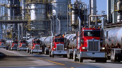 A fleet of tanker trucks line up beside the refinery ready to transport the finished product to be used in various industries and applications.