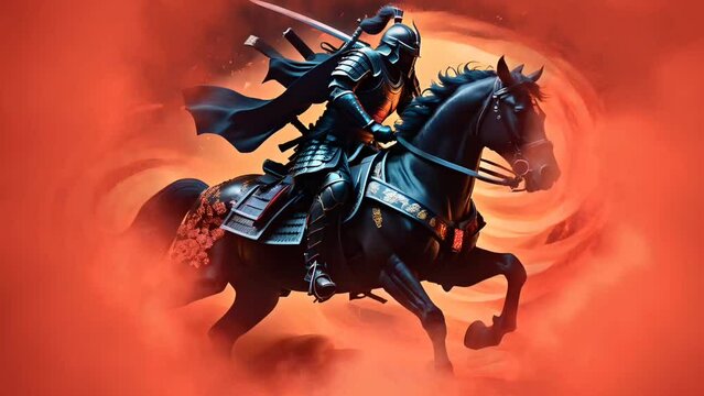 Black warrior in armor riding horseback. Seamless looping time-lapse 4k video animation background
