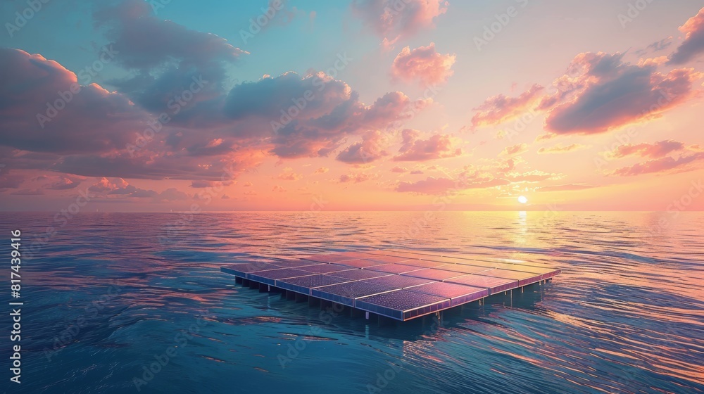 Wall mural a serene coastal scene with a solar panel array integrated into a floating platform, utilizing the s