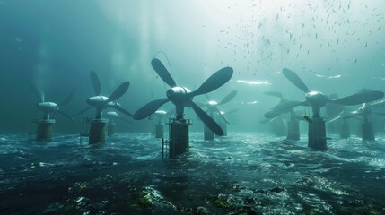 Underwater turbines harvesting tidal energy from powerful ocean currents, with a clear area for text or graphics in the foreground