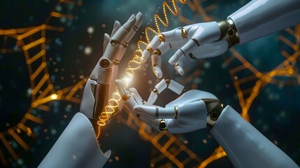 Hands of robot and human touching on DNA connecting in virtual interface on future, Science and innovation, Artificial intelligence technology concept.