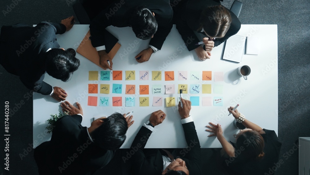 Poster top down aerial view of manager discuss and choose marketing idea from sticky notes. group of busine