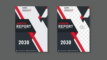 Two vertical annual report covers with red and white stripes, suitable for financial reports or business presentations with a modern design.