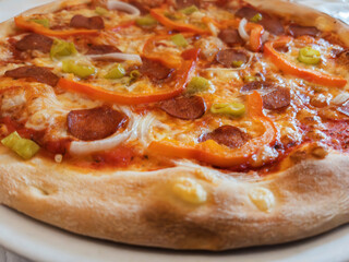 Pepperoni Pizza Diavolo with Red Peppers and Onions