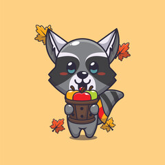 Cute raccoon holding a apple in wood bucket