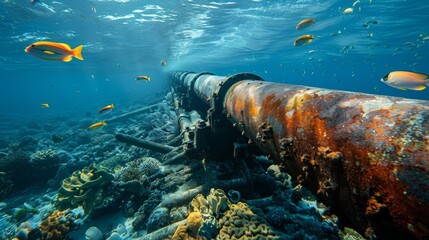 The underwater environment is teeming with marine life with fish and other creatures swimming curiously around the pipeline.