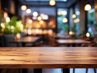 Wooden table top on blur coffe shop background