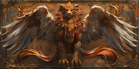 A highly detailed painting of a griffin with intricate details. The griffin is standing on a rock in front of a mountain range. The sky is a clear blue and the sun is shining. The griffin is gold and