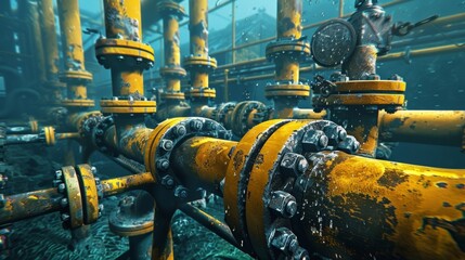 Closeup of the intricate network of pipes and valves making up a subsea oil pipeline.