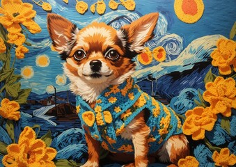 Painting of an adorable Chihuahua dog wearing a blue and yellow sweater with a textured yellow and blue abstract background featuring textured yarn flowers