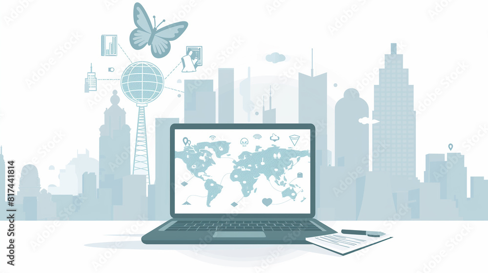Poster a laptop computer is open to a map of the world. the laptop is on a table in front of a city skyline