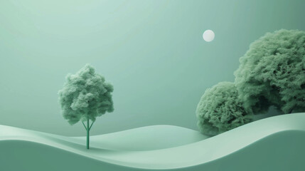 Surreal minimalist landscape featuring a single tree on snowy hills under a pale sky, conveying calm and solitude.