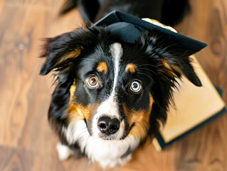 Smart Border Collie dog wearing a graduation cap looks at the camera. Artificial intelligence. 