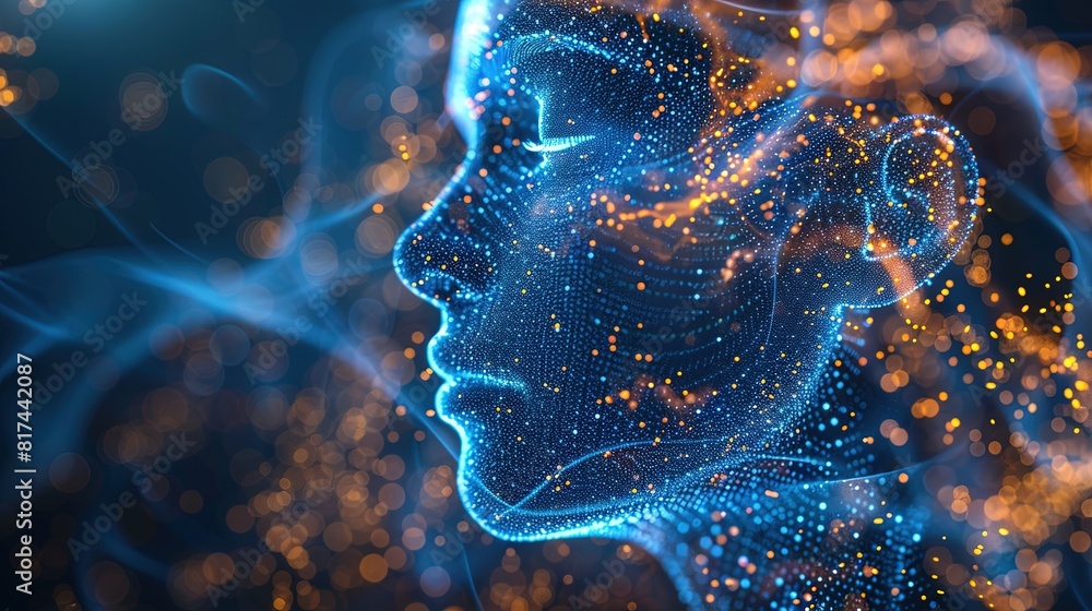 Poster visualization of big data flows from a digital human head. information sci-fi and aesthetic design. 