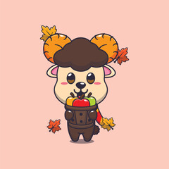 Cute ram sheep holding a apple in wood bucket