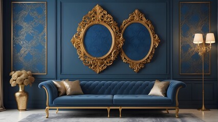 Royal luxury living room interior design, modern blue and golden interior design with frame, luxurious living room design of a king palace, photo realistic background