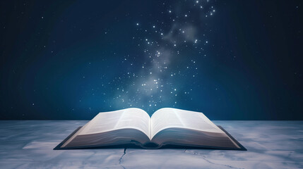 A book is open to a page with a blue background and a lot of white stars. The book appears to be a fantasy novel, as the stars and the blue background create a sense of wonder and magic