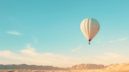 A white-hot air balloon is floating in the sky above a snow-covered hill. The scene is serene and peaceful, with the balloon being the only object in the image