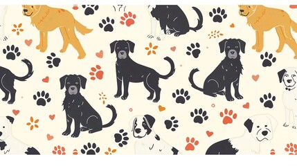 Fabric featuring colorful dogs and paw prints scattered across it