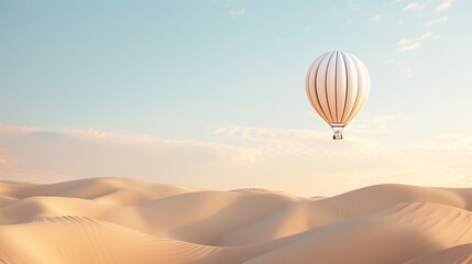 A white-hot air balloon is floating in the sky above a snow-covered hill. The scene is serene and peaceful, with the balloon being the only object in the image