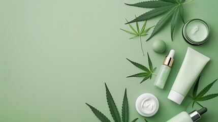 Cannabis cosmetic products on green background with copy space, flat lay, top view, banner design. High quality photo of magazine cover style. Mockup template for branding presentation.