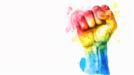 Rainbow watercolor of a raise woman fist for pride homophobia human rights