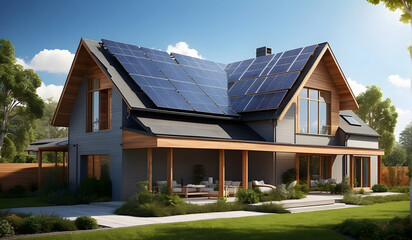 House with solar panels on the roof Sustainable and clean energy at home